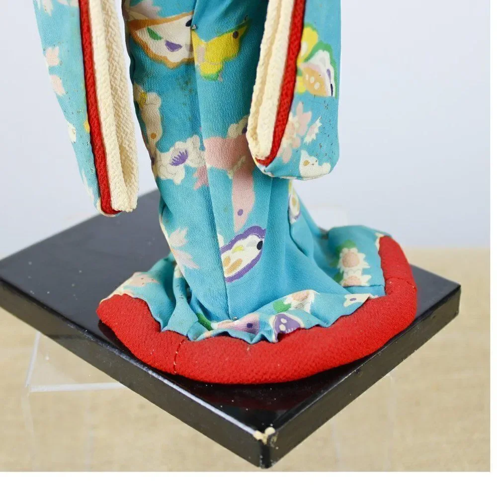 Vintage Japanese Geisha Doll Figurine in Traditional Turquoise Silk Crepe Kimono